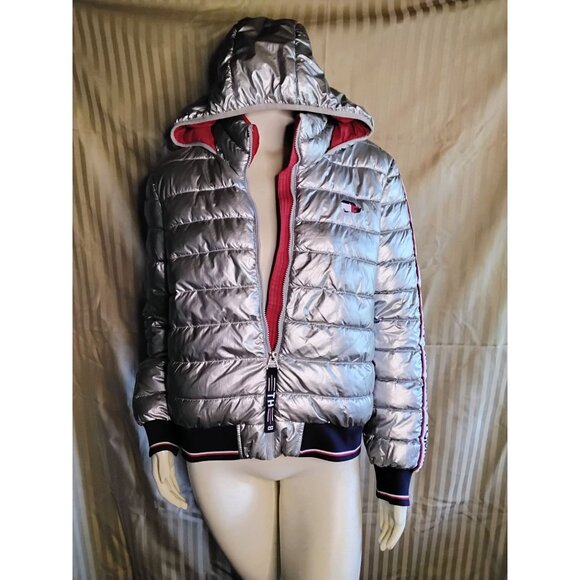 Tommy Hilfiger Womens Metallic Silver Puffer Jacket With Hood Logo On Sleeves Ri - Picture 2 of 8